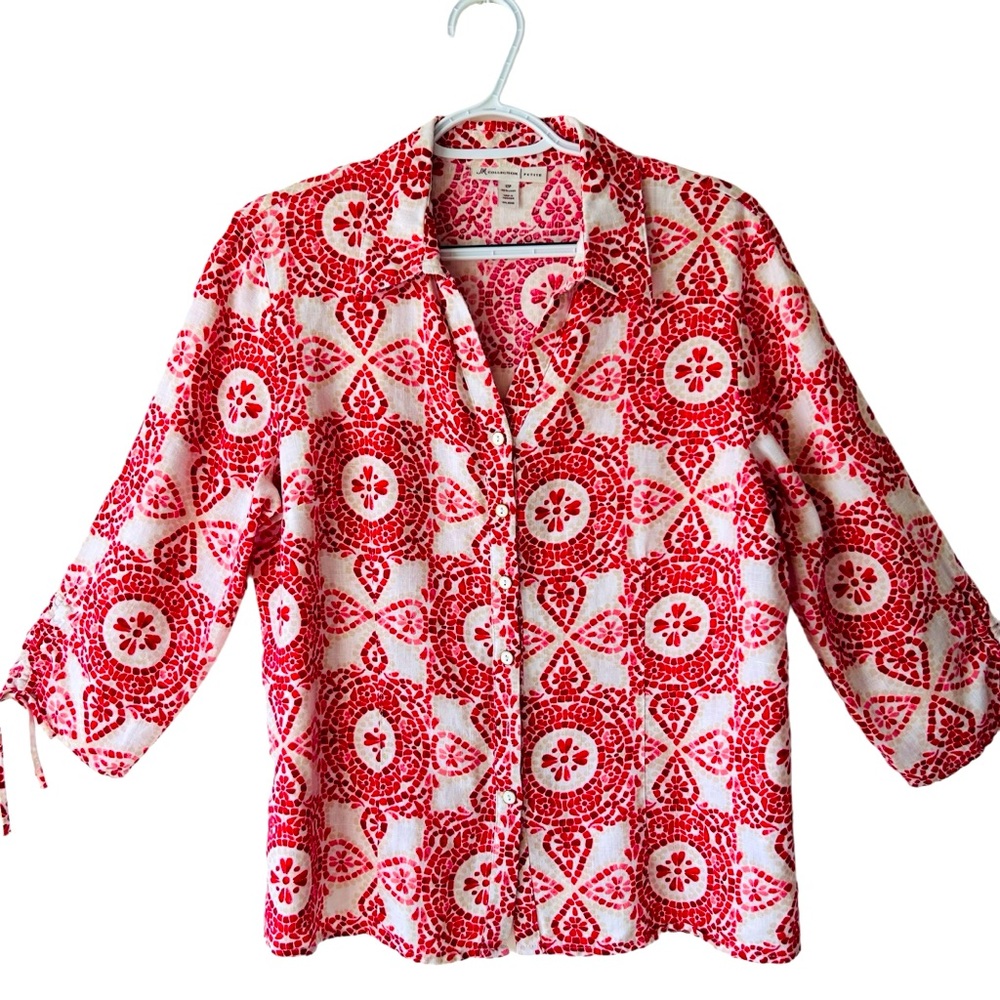 JM Collection 100% Linen Button Down 3/4 Sleeve Blouse Geometric Red Size 12P